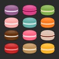 Different types of macaroons. Set of different taste cake macarons. Flat style, vector illustration.
