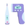 Different types of medical thermometers for body temperature check. Medical exam. Vector illustration in flat style