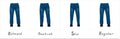 Different types of men`s blue jeans back view isolated on white