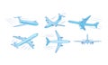 Different types of moving blue passanger airplanes over white background