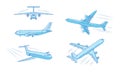 Different types of moving blue passanger planes over white background