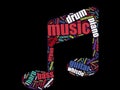 Music note shape musical instruments word cloud
