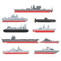 Different types of naval combat ships set, military boats, ships, frigates, submarine vector Illustrations