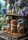 Different types of nuts in glass jars on wooden table Royalty Free Stock Photo