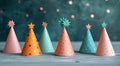 different types of paper party hats lying on top of table Royalty Free Stock Photo