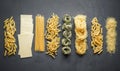 Different types of pasta from durum wheat varieties for cooking Mediterranean dishes Royalty Free Stock Photo