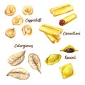 Different types of pasta with stuffing watercolor