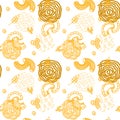 Different types of pasta on a white seamless background. Pasta. Spaghetti, horns. Elements drawn in doodle style. Italy