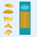 Different types of pasta whole wheat corn rice noodles organic food macaroni yellow nutrition dinner products vector