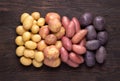 Different types of potatoes on dark wooden rustic table