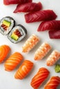 Different types of preparation for salmon, bluefin tuna, and avocado sushi