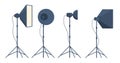 Different types of professional lighting equipment for blogging, vlogging and studio photo and video. Vector illustration