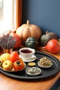 Different types of pumpkins lie on the windowsill, as well as a cup of black tea, pumpkin seed cookies on a saucer on a tray