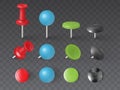 different types of push pins, thumbtacks isolated on black background