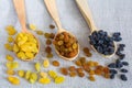 Different types of raisins on wooden spoons on sacking background Royalty Free Stock Photo