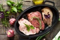 Different types of raw Fresh Meat, chicken fillet, pork and beef with vegetables and herbs Royalty Free Stock Photo