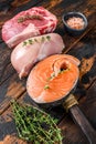 Different types of raw meat steaks Beef striploin, salmon and chicken breast. Dark wooden background. Top view Royalty Free Stock Photo