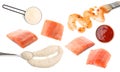 Different types of red fish marinade and salmon pieces on white background Royalty Free Stock Photo