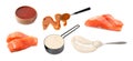 Different types of red fish marinade and salmon pieces on white background Royalty Free Stock Photo