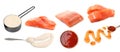 Different types of red fish marinade and salmon pieces on white background Royalty Free Stock Photo