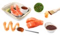 Different types of red fish marinade and salmon pieces on white background Royalty Free Stock Photo