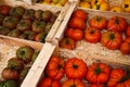 Different types of red, yellow and black provencal french ripe fresh tomatoes in wooden fruit boxes on farmer market - Provence, Royalty Free Stock Photo