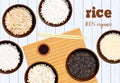 Different types of rice in bowls on white wooden background Basmati, wild, jasmine, long brown, arborio, sushi. chopsticks. Kitche