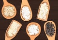 Different types of rice in wooden spoons. Basmati, wild, jasmine, long brown, arborio, sushi, dark wooden background