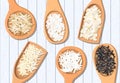 Different types of rice in wooden spoons. Basmati, wild, jasmine, long brown, arborio, sushi