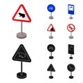 Different types of road signs cartoon,black icons in set collection for design. Warning and prohibition signs vector Royalty Free Stock Photo