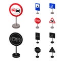 Different types of road signs cartoon,black icons in set collection for design. Warning and prohibition signs vector Royalty Free Stock Photo