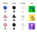 Different types of road signs cartoon,black,outline,flat icons in set collection for design. Warning and prohibition Royalty Free Stock Photo