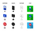Different types of road signs cartoon,black,outline,flat icons in set collection for design. Warning and prohibition Royalty Free Stock Photo