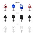 Different types of road signs cartoon,black,outline icons in set collection for design. Warning and prohibition signs Royalty Free Stock Photo