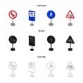 Different types of road signs cartoon,black,outline icons in set collection for design. Warning and prohibition signs Royalty Free Stock Photo