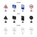 Different types of road signs cartoon,black,outline icons in set collection for design. Warning and prohibition signs Royalty Free Stock Photo