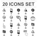 Different types of road signs monochrome icons in set collection for design. Warning and prohibition signs vector symbol Royalty Free Stock Photo