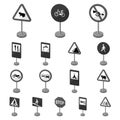 Different types of road signs monochrome icons in set collection for design. Warning and prohibition signs vector symbol Royalty Free Stock Photo