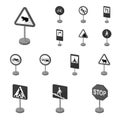 Different types of road signs monochrome icons in set collection for design. Warning and prohibition signs vector symbol Royalty Free Stock Photo