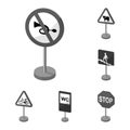 Different types of road signs monochrome icons in set collection for design. Warning and prohibition signs vector symbol Royalty Free Stock Photo