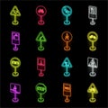 Different types of road signs neon icons in set collection for design. Warning and prohibition signs vector symbol stock Royalty Free Stock Photo