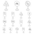 Different types of road signs outline icons in set collection for design. Warning and prohibition signs vector symbol Royalty Free Stock Photo