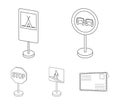 Different types of road signs outline icons in set collection for design. Warning and prohibition signs vector symbol Royalty Free Stock Photo