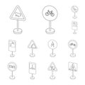 Different types of road signs outline icons in set collection for design. Warning and prohibition signs vector symbol Royalty Free Stock Photo