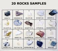 20 different types of rocks or stone isolated on background with name of the rocks. rocks, collection of stones isolated Royalty Free Stock Photo