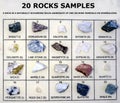 20 different types of rocks or stone isolated on background with name of the rocks. rocks, collection of stones isolated Royalty Free Stock Photo