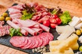 Different types of sausages with cheese on wooden table.Cold cuts of different types of sausages on a black flat plate on a wooden