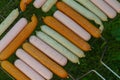 Different types of sausages on the grill board are prepared for frying Royalty Free Stock Photo