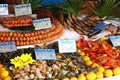 Different types of seafood at the fish market in France