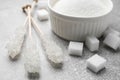 Different types of sugar on light grey table, closeup Royalty Free Stock Photo